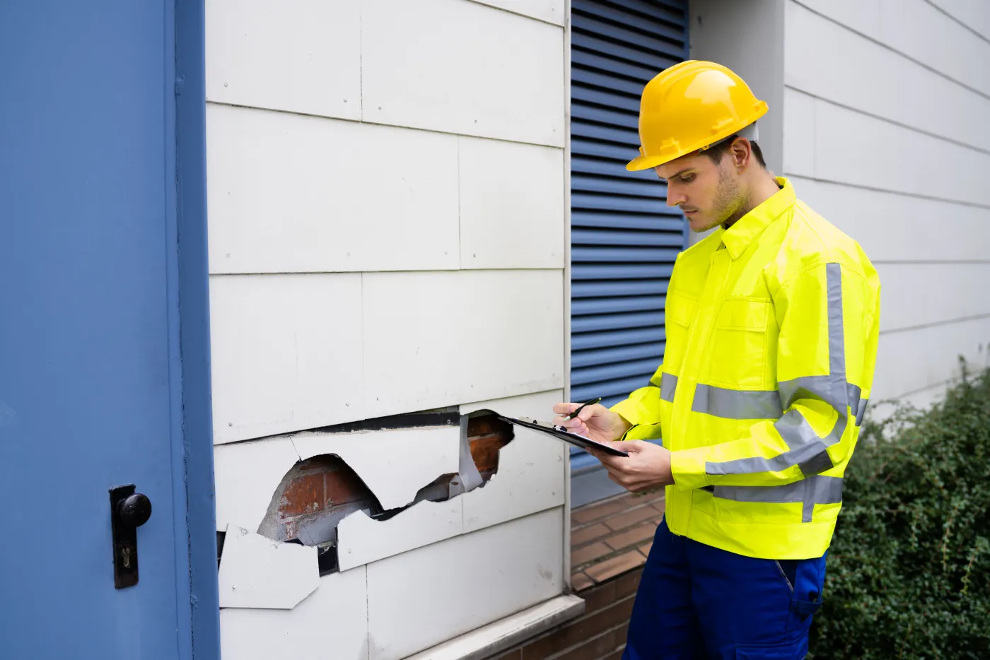 An inspector documents storm damage to a building exterior