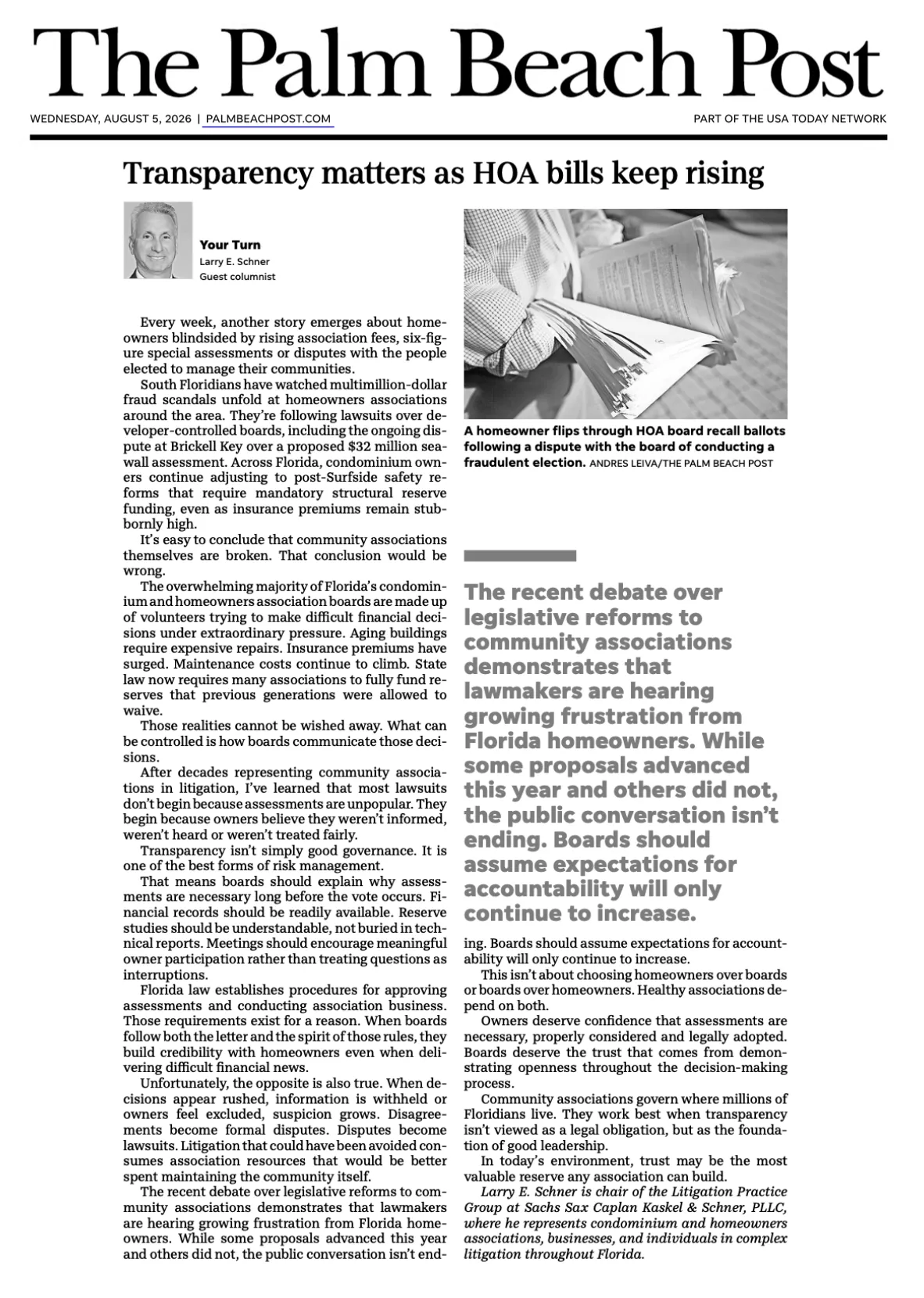Larry E. Schner guest column in The Palm Beach Post on HOA transparency