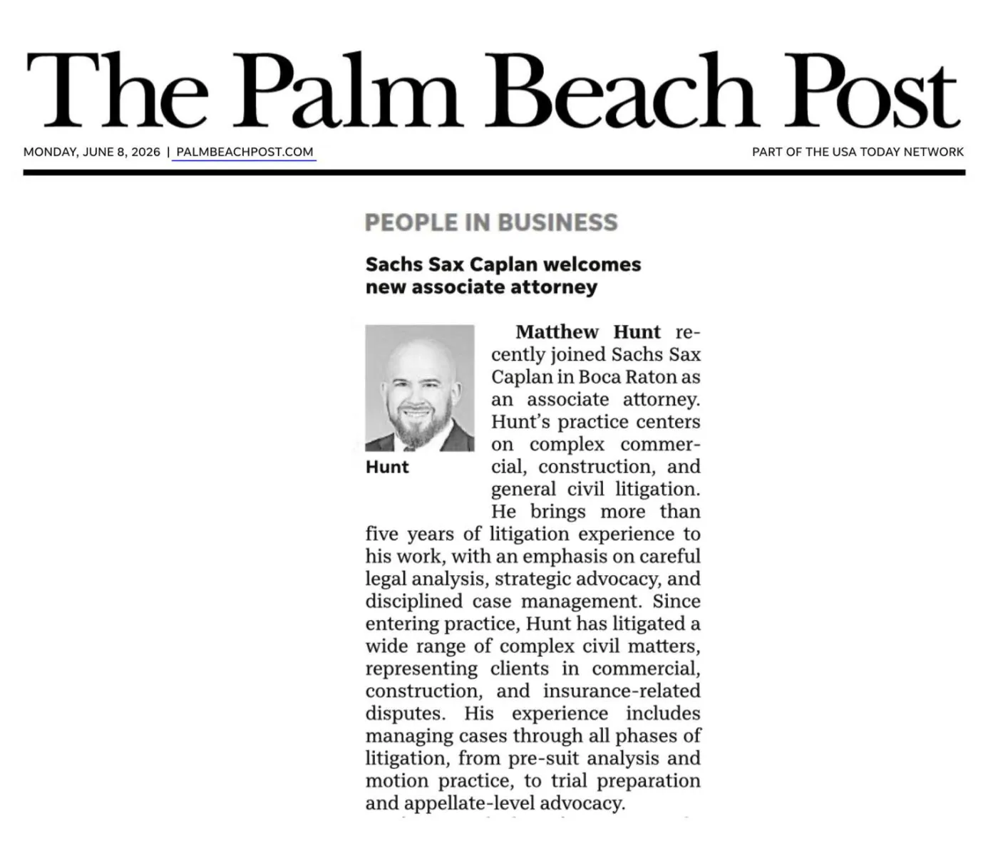 Matthew Hunt featured in the Palm Beach Post