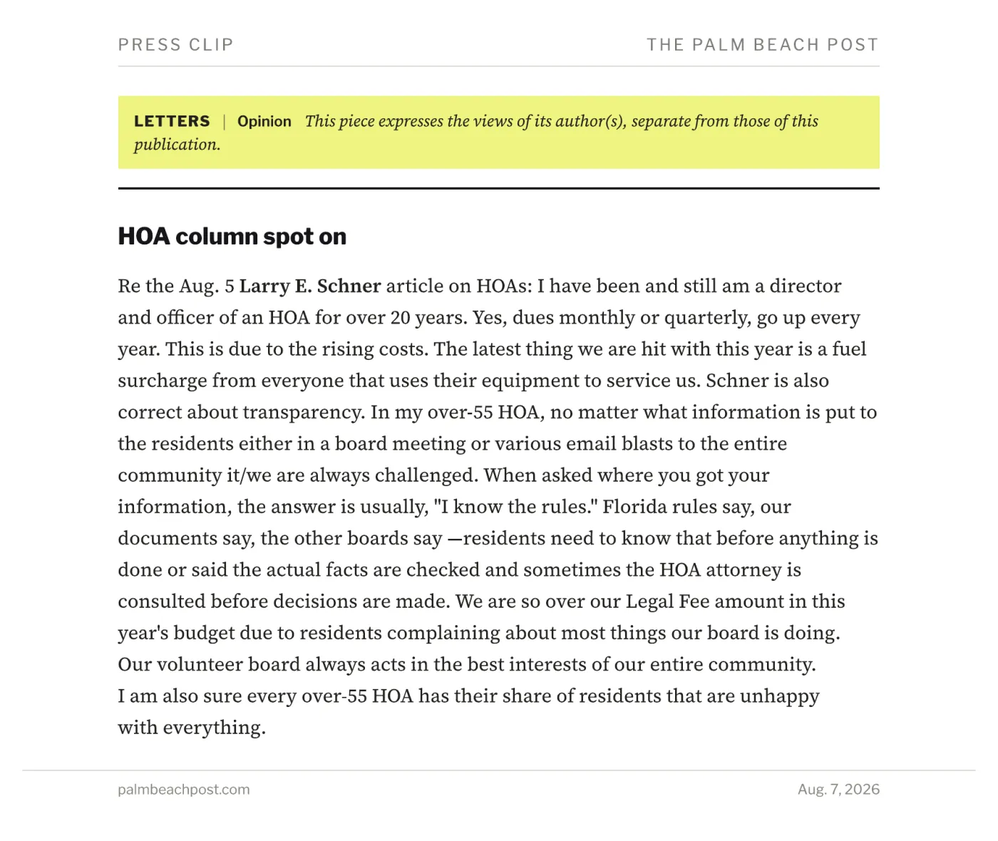 Press clipping of a Palm Beach Post letters column, Opinion banner and the reader letter headed HOA column spot on