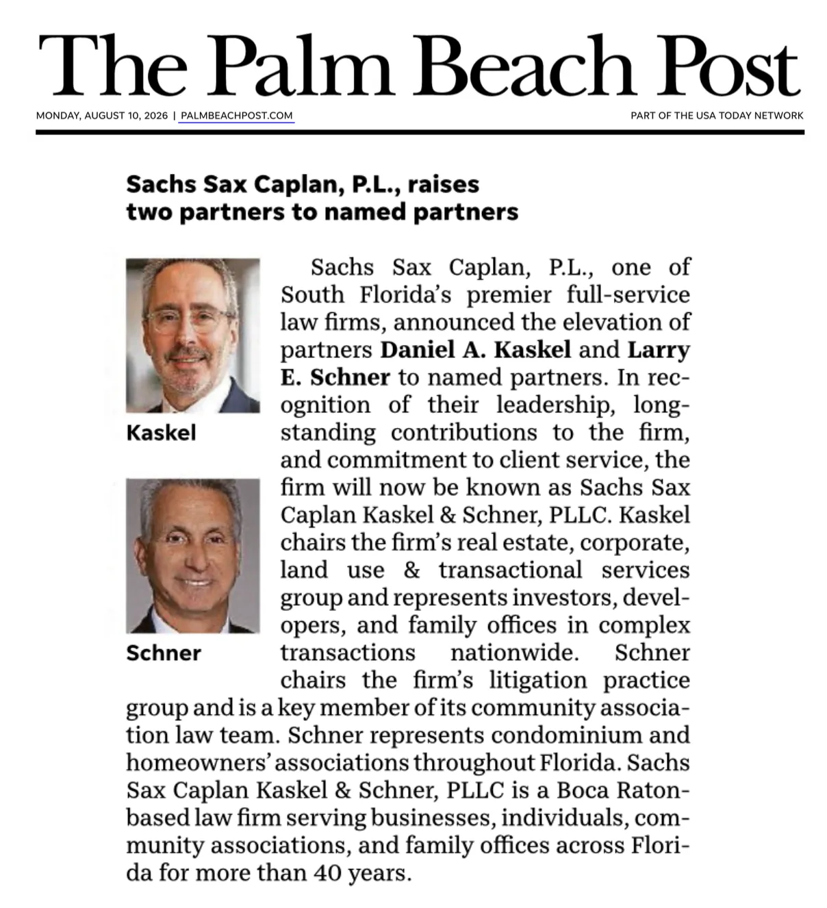 The Palm Beach Post People on the Move item on the firm's named partners