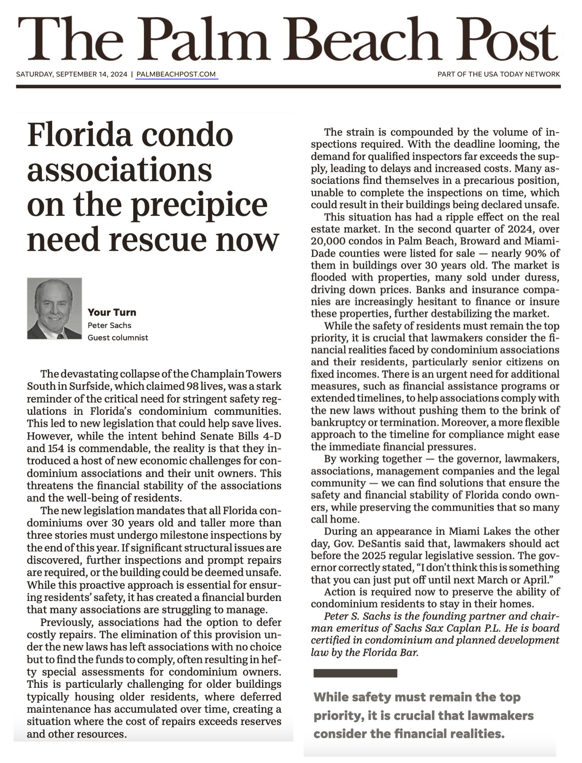 Peter Sachs in The Palm Beach Post: Florida condo associations
on the precipice need rescue now